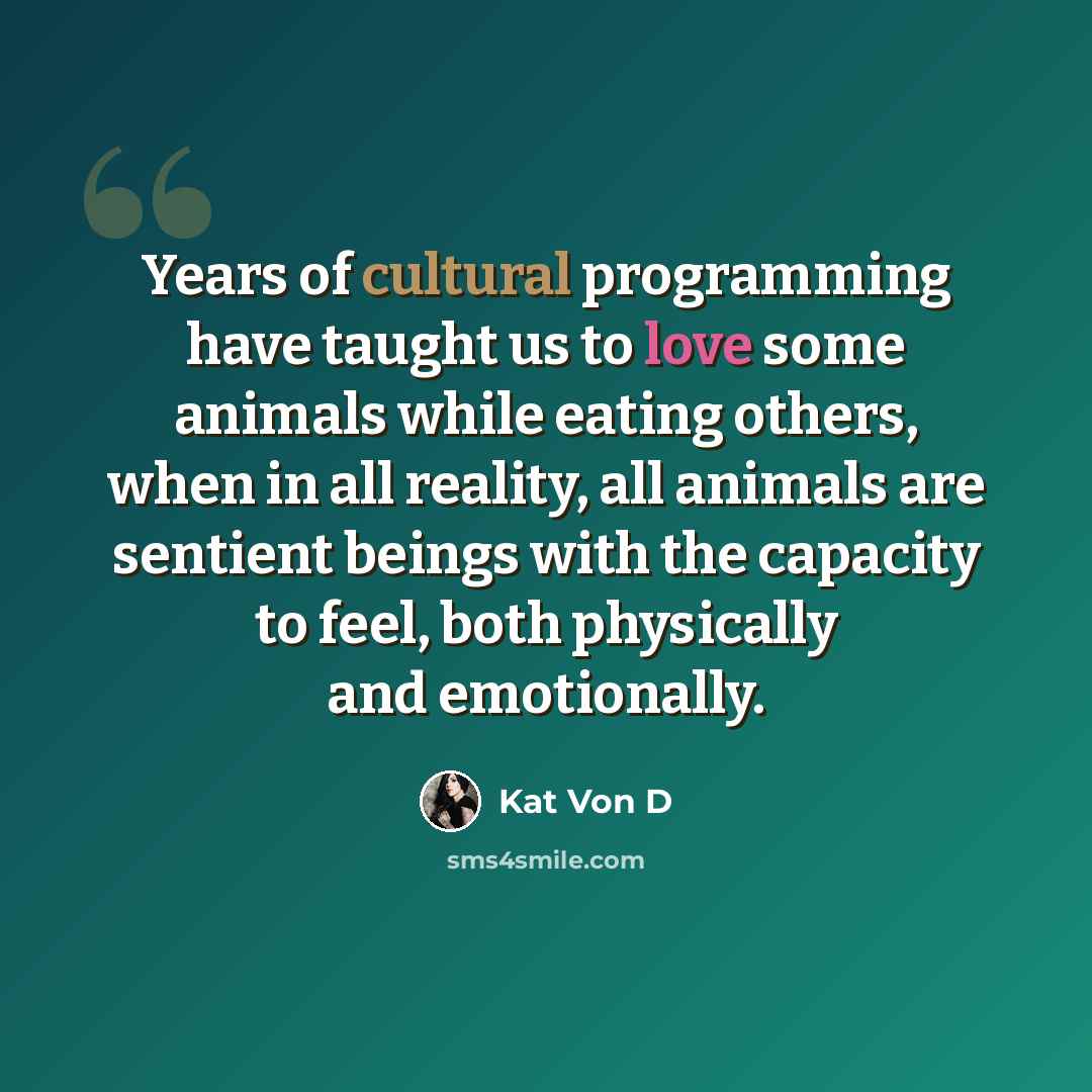 “Years of cultural programming have taught us to love some animals while eating others, when in all reality, all animals are sentient beings with the capacity to feel, both physically and emotionally.” quote by Kat Von D