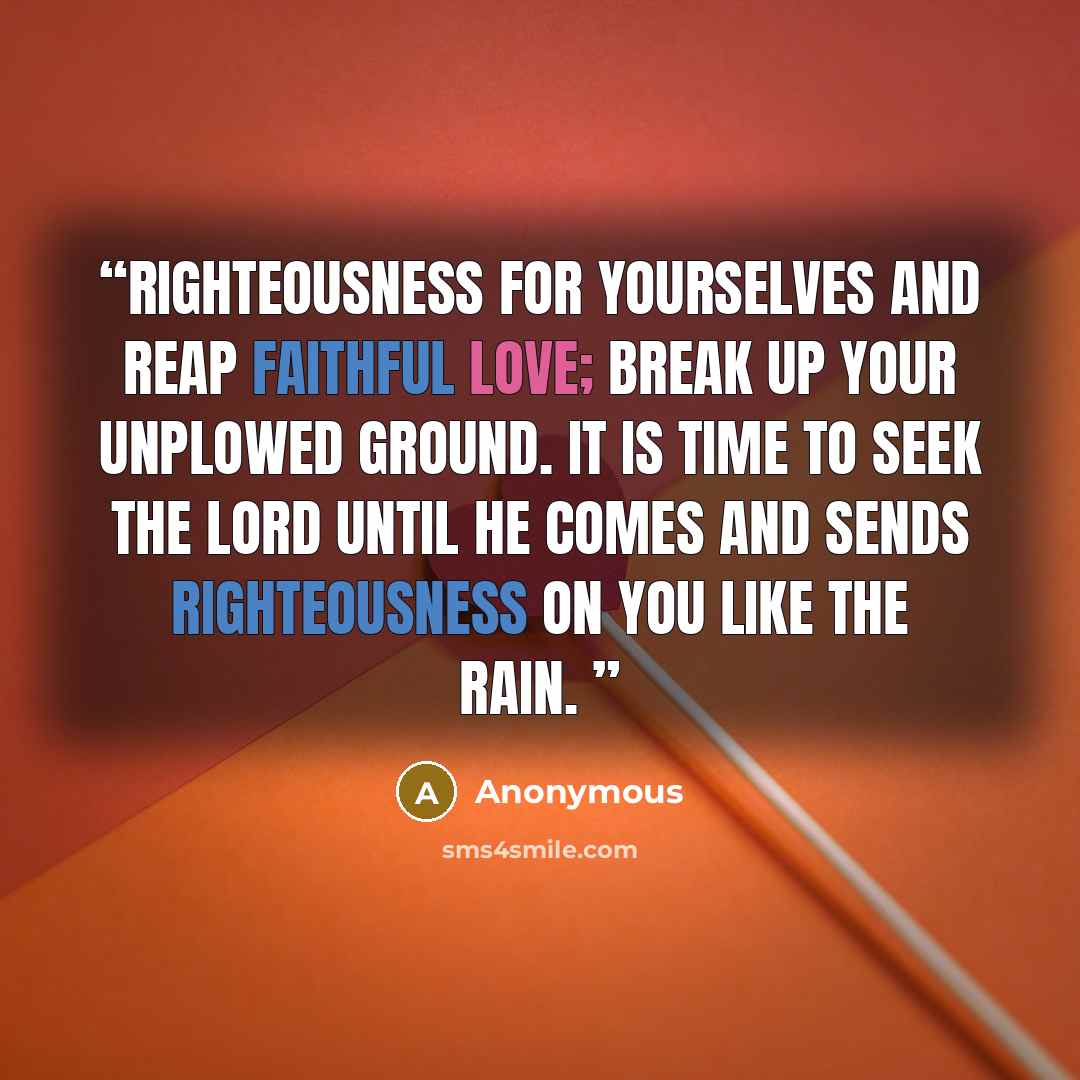 “righteousness for yourselves and reap faithful love; break up your unplowed ground. It is time to seek the Lord until He comes and sends righteousness on you like the rain.” quote by Anonymous