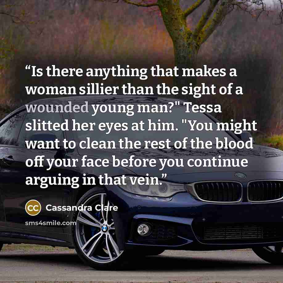 “Is there anything that makes a woman sillier than the sight of a wounded young man?" Tessa slitted her eyes at him. "You might want to clean the rest of the blood off your face before you continue arguing in that vein.” quote by Cassandra Clare