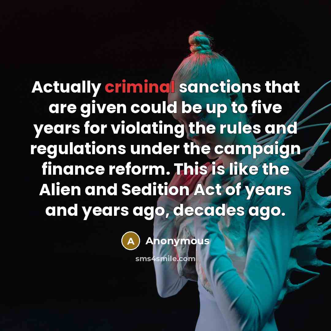 “Actually criminal sanctions that are given could be up to five years for violating the rules and regulations under the campaign finance reform. This is like the Alien and Sedition Act of years and years ago, decades ago.” quote by Anonymous