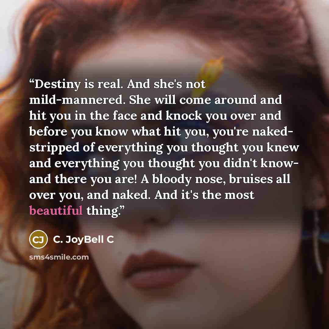 “Destiny is real. And she's not mild-mannered. She will come around and hit you in the face and knock you over and before you know what hit you, you're naked- stripped of everything you thought you knew and everything you thought you didn't know- and there you are! A bloody nose, bruises all over…” quote by C. JoyBell C