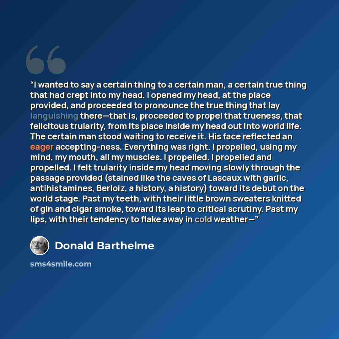 “I wanted to say a certain thing to a certain man, a certain true thing that had crept into my head. I opened my head, at the place provided, and proceeded to pronounce the true thing that lay languishing there—that is, proceeded to propel that trueness, that felicitous trularity, from its place…” quote by Donald Barthelme