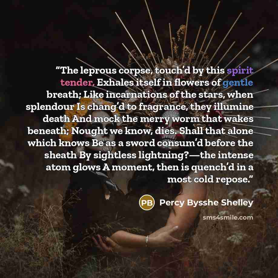 “The leprous corpse, touch’d by this spirit tender, Exhales itself in flowers of gentle breath; Like incarnations of the stars, when splendour Is chang’d to fragrance, they illumine death And mock the merry worm that wakes beneath; Nought we know, dies. Shall that alone which knows Be as a sword…” quote by Percy Bysshe Shelley
