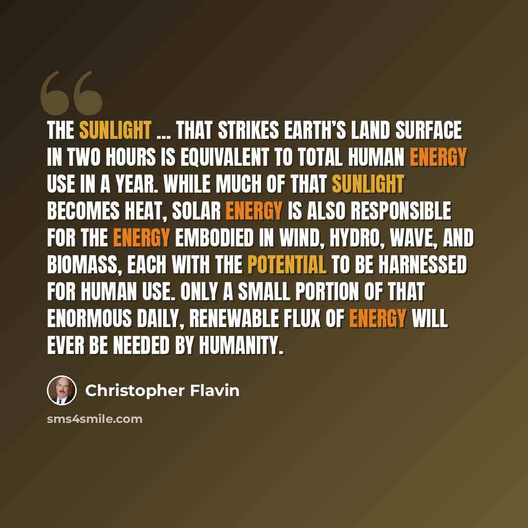 “The sunlight ... that strikes Earth’s land surface in two hours is equivalent to total human energy use in a year. While much of that sunlight becomes heat, solar energy is also responsible for the energy embodied in wind, hydro, wave, and biomass, each with the potential to be harnessed for human…” quote by Christopher Flavin
