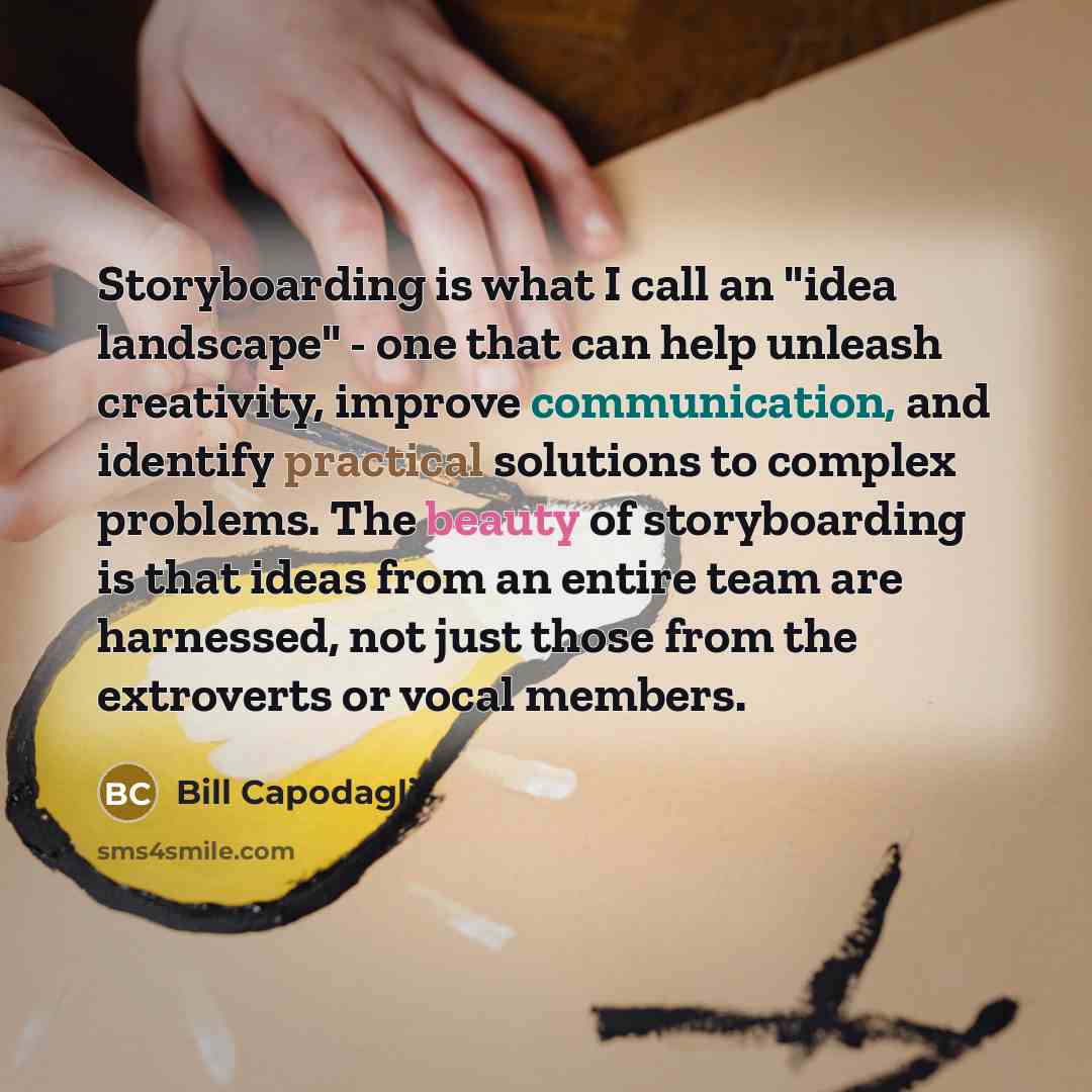 “Storyboarding is what I call an "idea landscape" - one that can help unleash creativity, improve communication, and identify practical solutions to complex problems. The beauty of storyboarding is that ideas from an entire team are harnessed, not just those from the extroverts or vocal members.” quote by Bill Capodagli