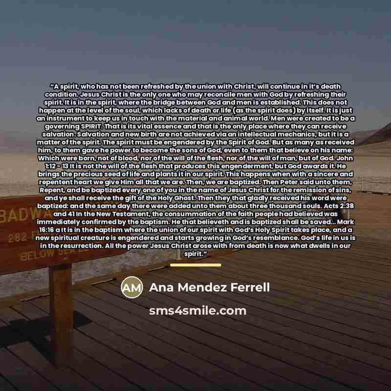 “A spirit, who has not been refreshed by the union with Christ, will continue in it’s death condition. Jesus Christ is the only one who may reconcile men with God by refreshing their spirit. It is in the spirit, where the bridge between God and men is established. This does not happen at the level…” quote by Ana Mendez Ferrell