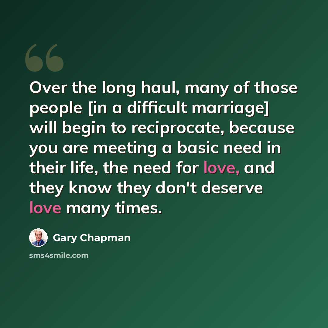 “Over the long haul, many of those people [in a difficult marriage] will begin to reciprocate, because you are meeting a basic need in their life, the need for love, and they know they don't deserve love many times.” quote by Gary Chapman