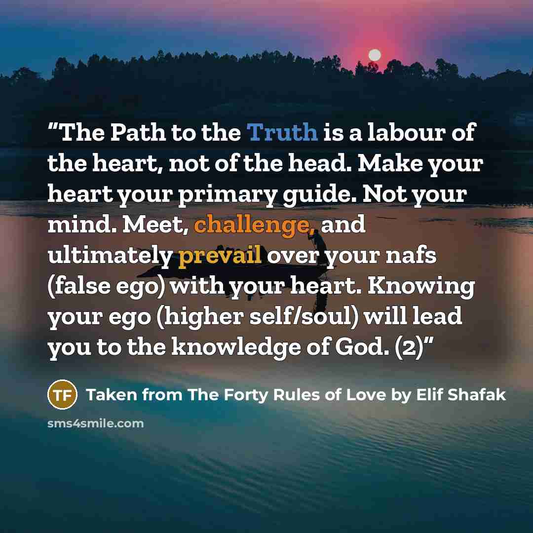 “The Path to the Truth is a labour of the heart, not of the head. Make your heart your primary guide. Not your mind. Meet, challenge, and ultimately prevail over your nafs (false ego) with your heart. Knowing your ego (higher self/soul) will lead you to the knowledge of God. (2)” quote by Taken from The Forty Rules of Love by Elif Shafak