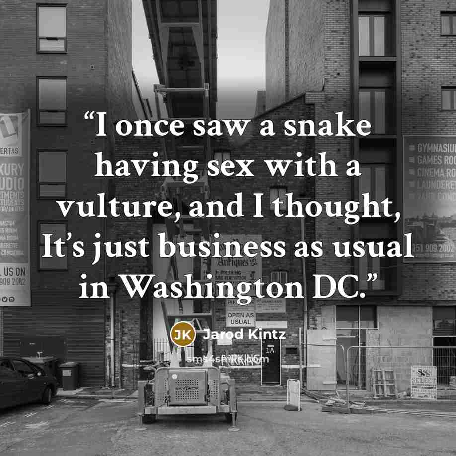 “I once saw a snake having sex with a vulture, and I thought, It’s just business as usual in Washington DC.” quote by Jarod Kintz