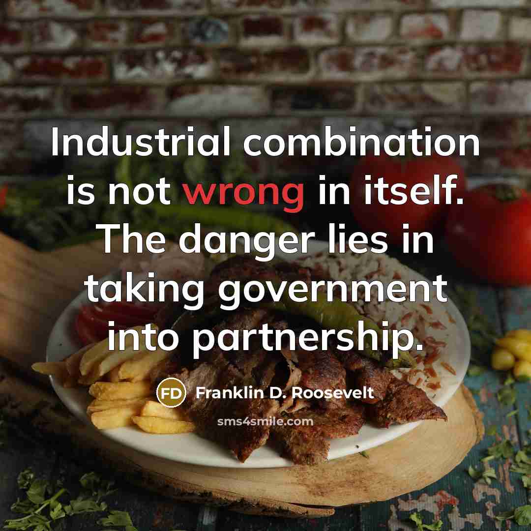 “Industrial combination is not wrong in itself. The danger lies in taking government into partnership.” quote by Franklin D. Roosevelt