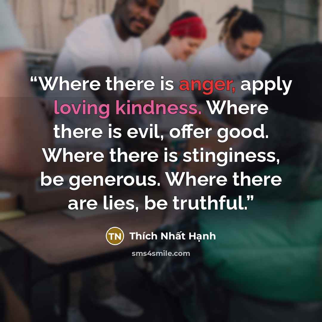 “Where there is anger, apply loving kindness. Where there is evil, offer good. Where there is stinginess, be generous. Where there are lies, be truthful.” quote by Thích Nhất Hạnh
