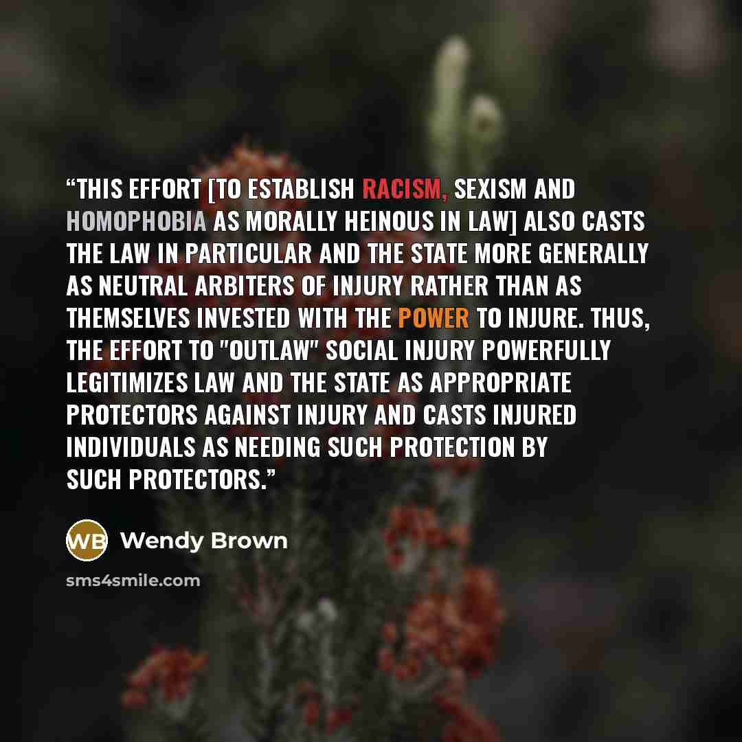 “This effort [to establish racism, sexism and homophobia as morally heinous in law] also casts the law in particular and the state more generally as neutral arbiters of injury rather than as themselves invested with the power to injure. Thus, the effort to "outlaw" social injury powerfully…” quote by Wendy Brown