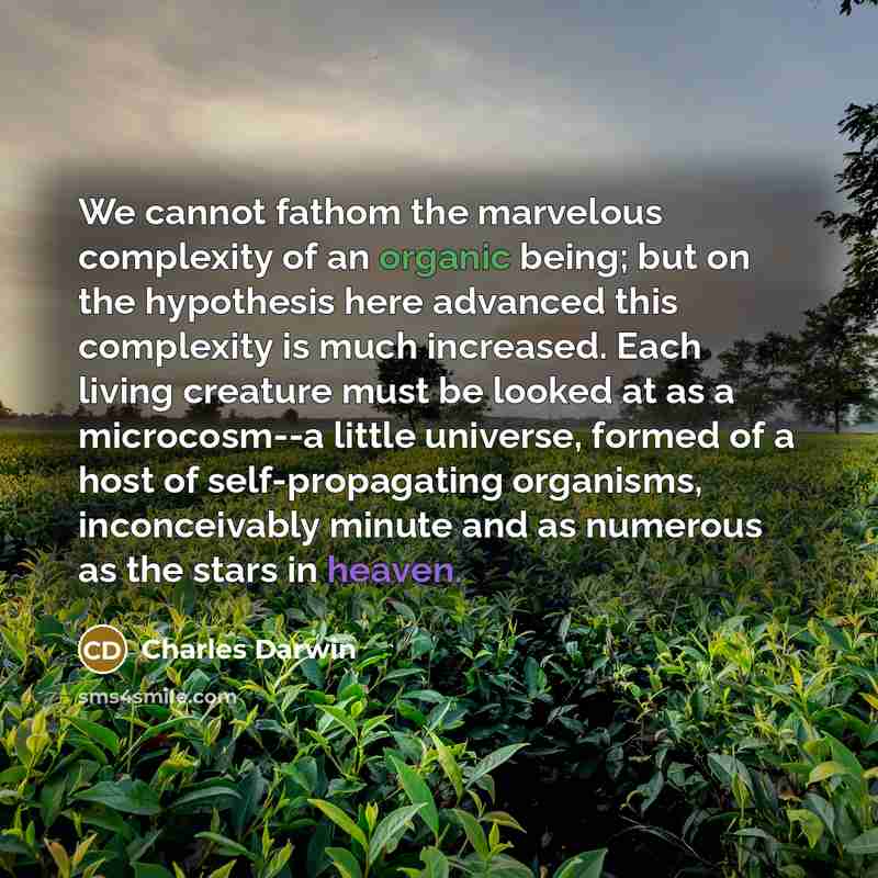 “We cannot fathom the marvelous complexity of an organic being; but on the hypothesis here advanced this complexity is much increased. Each living creature must be looked at as a microcosm--a little universe, formed of a host of self-propagating organisms, inconceivably minute and as numerous as…” quote by Charles Darwin