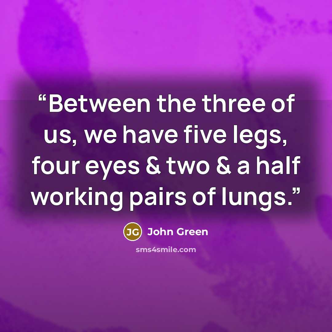 “Between the three of us, we have five legs, four eyes & two & a half working pairs of lungs.” quote by John Green