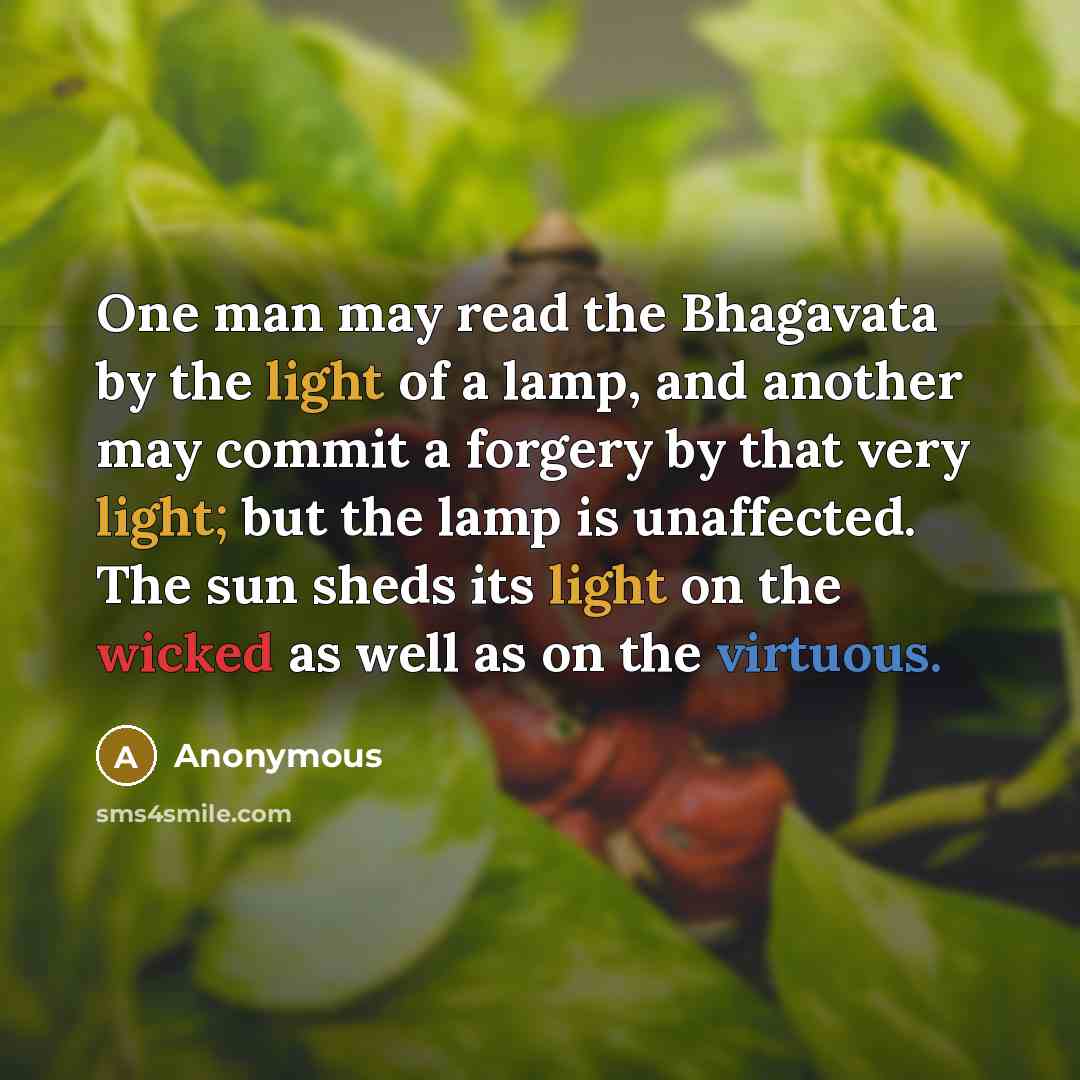 “One man may read the Bhagavata by the light of a lamp, and another may commit a forgery by that very light; but the lamp is unaffected. The sun sheds its light on the wicked as well as on the virtuous.” quote by Anonymous