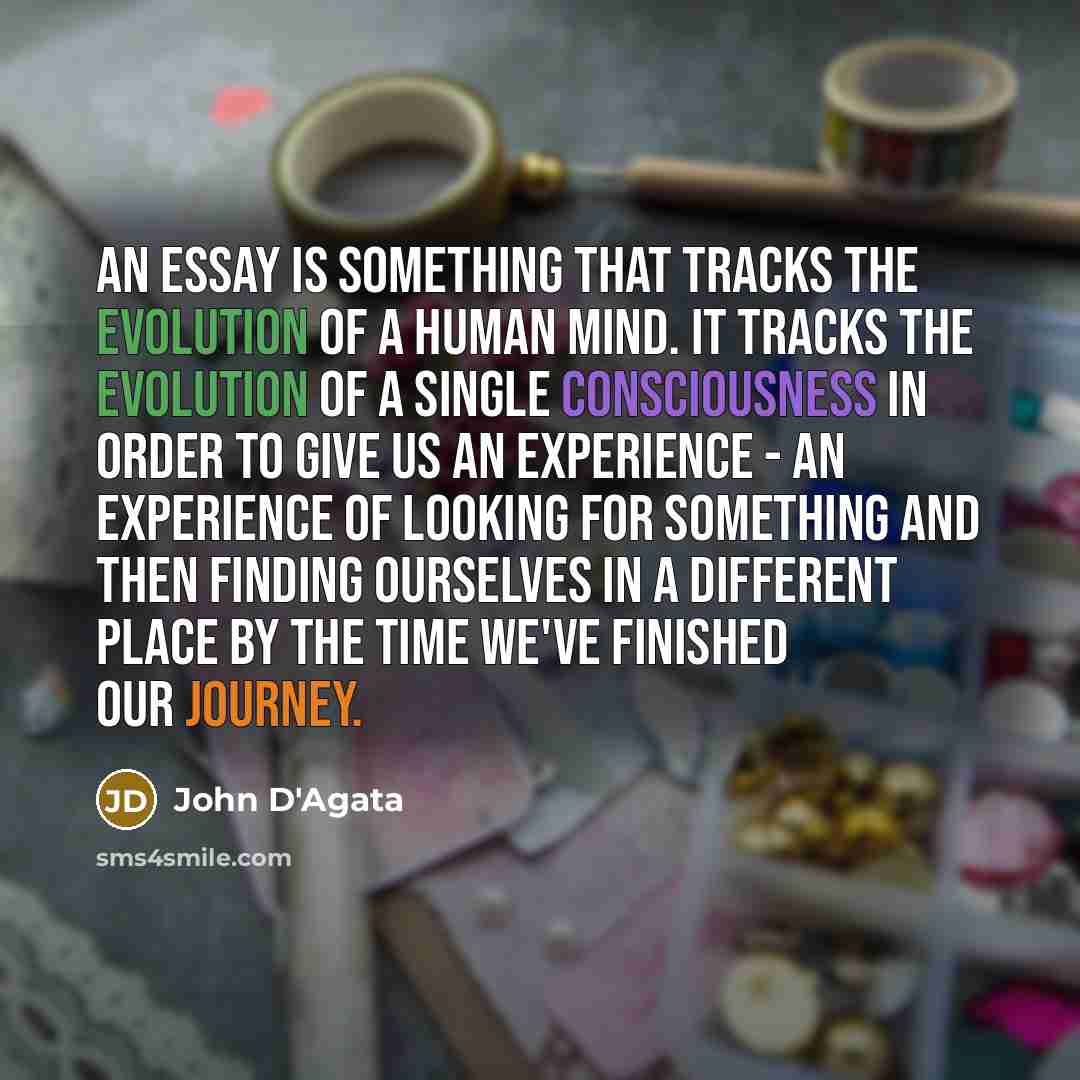“An essay is something that tracks the evolution of a human mind. It tracks the evolution of a single consciousness in order to give us an experience - an experience of looking for something and then finding ourselves in a different place by the time we've finished our journey.” quote by John D'Agata