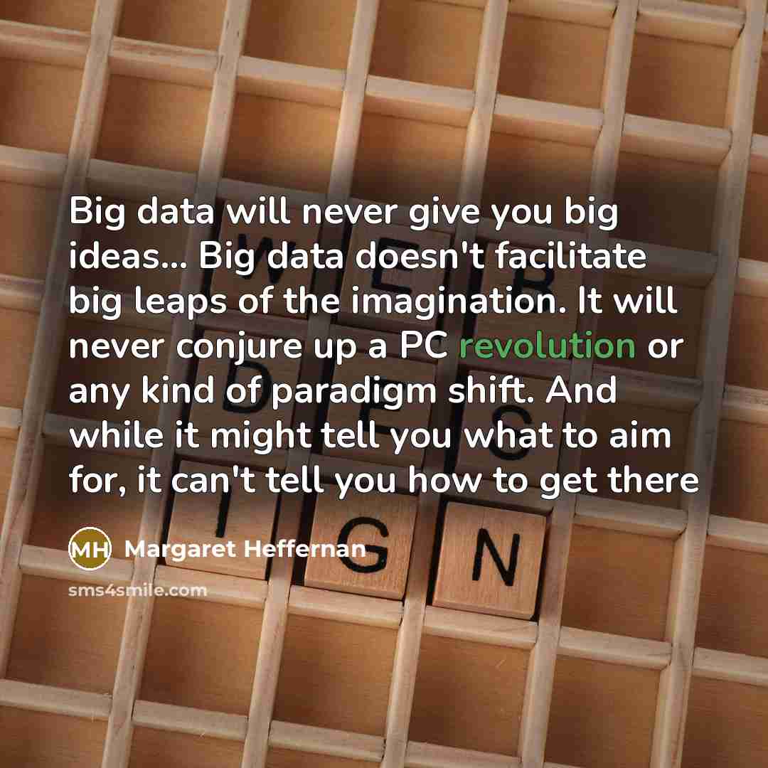 “Big data will never give you big ideas... Big data doesn't facilitate big leaps of the imagination. It will never conjure up a PC revolution or any kind of paradigm shift. And while it might tell you what to aim for, it can't tell you how to get there” quote by Margaret Heffernan