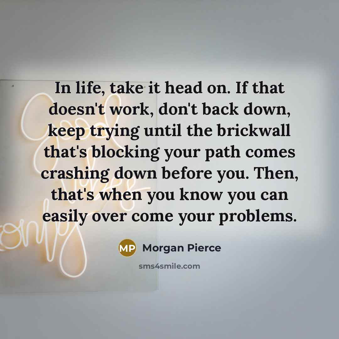 “In life, take it head on. If that doesn't work, don't back down, keep trying until the brickwall that's blocking your path comes crashing down before you. Then, that's when you know you can easily over come your problems.” quote by Morgan Pierce