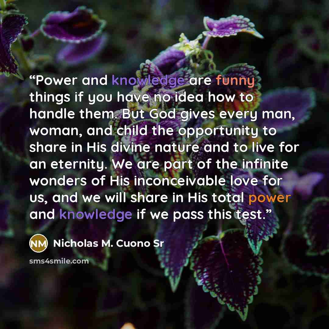 “Power and knowledge are funny things if you have no idea how to handle them. But God gives every man, woman, and child the opportunity to share in His divine nature and to live for an eternity. We are part of the infinite wonders of His inconceivable love for us, and we will share in His total…” quote by Nicholas M. Cuono Sr