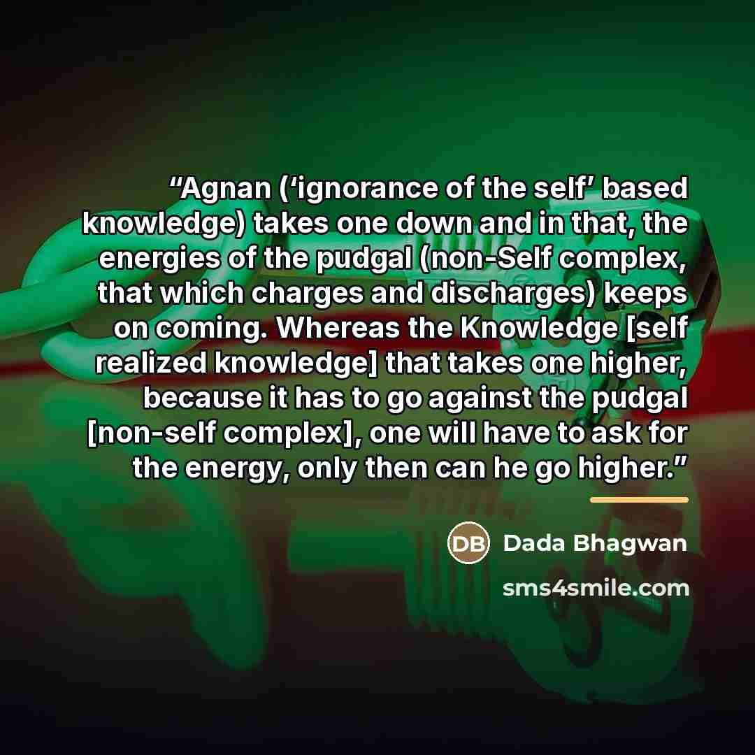 “Agnan (‘ignorance of the self’ based knowledge) takes one down and in that, the energies of the pudgal (non-Self complex, that which charges and discharges) keeps on coming. Whereas the Knowledge [self realized knowledge] that takes one higher, because it has to go against the pudgal [non-self…” quote by Dada Bhagwan