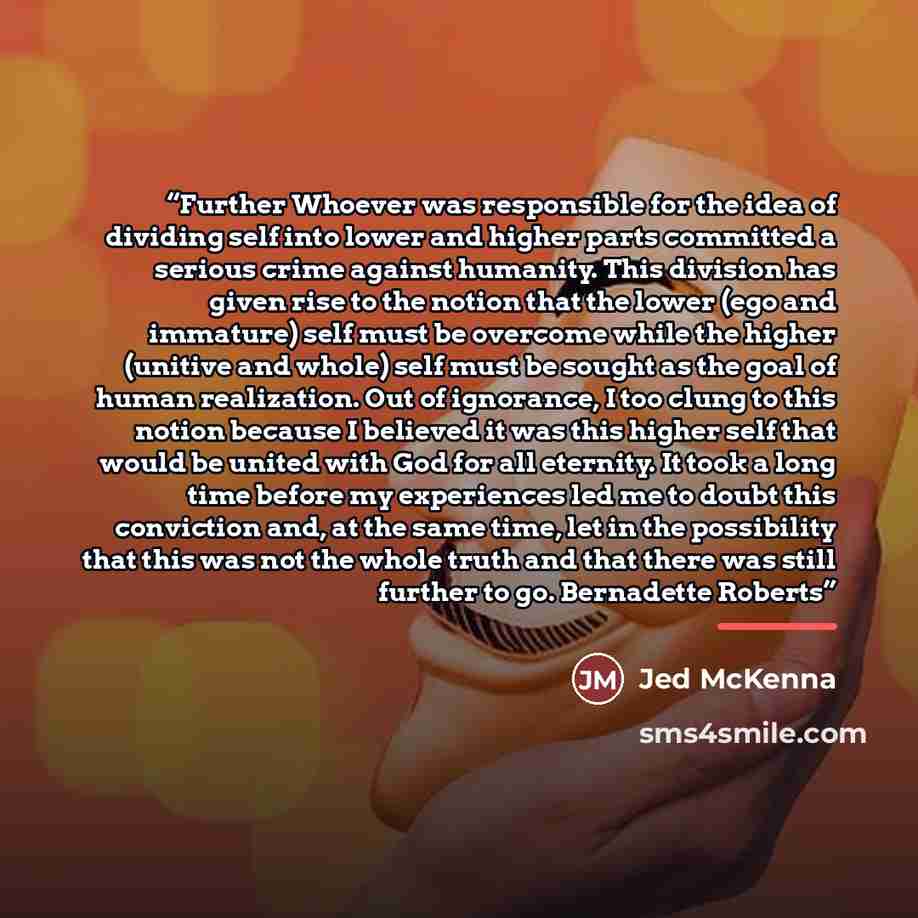 “Further Whoever was responsible for the idea of dividing self into lower and higher parts committed a serious crime against humanity. This division has given rise to the notion that the lower (ego and immature) self must be overcome while the higher (unitive and whole) self must be sought as the…” quote by Jed McKenna