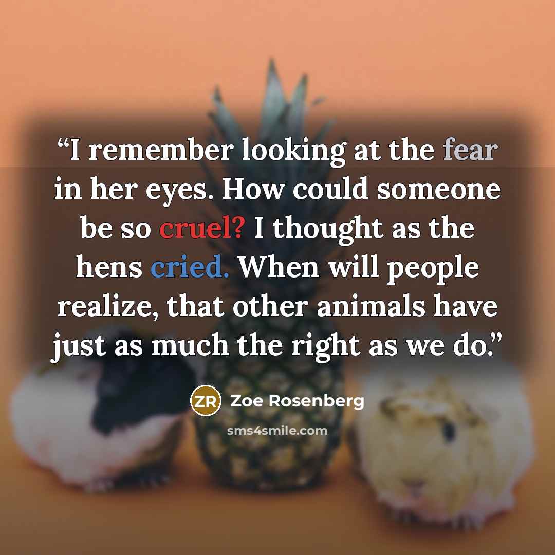 “I remember looking at the fear in her eyes. How could someone be so cruel? I thought as the hens cried. When will people realize, that other animals have just as much the right as we do.” quote by Zoe Rosenberg