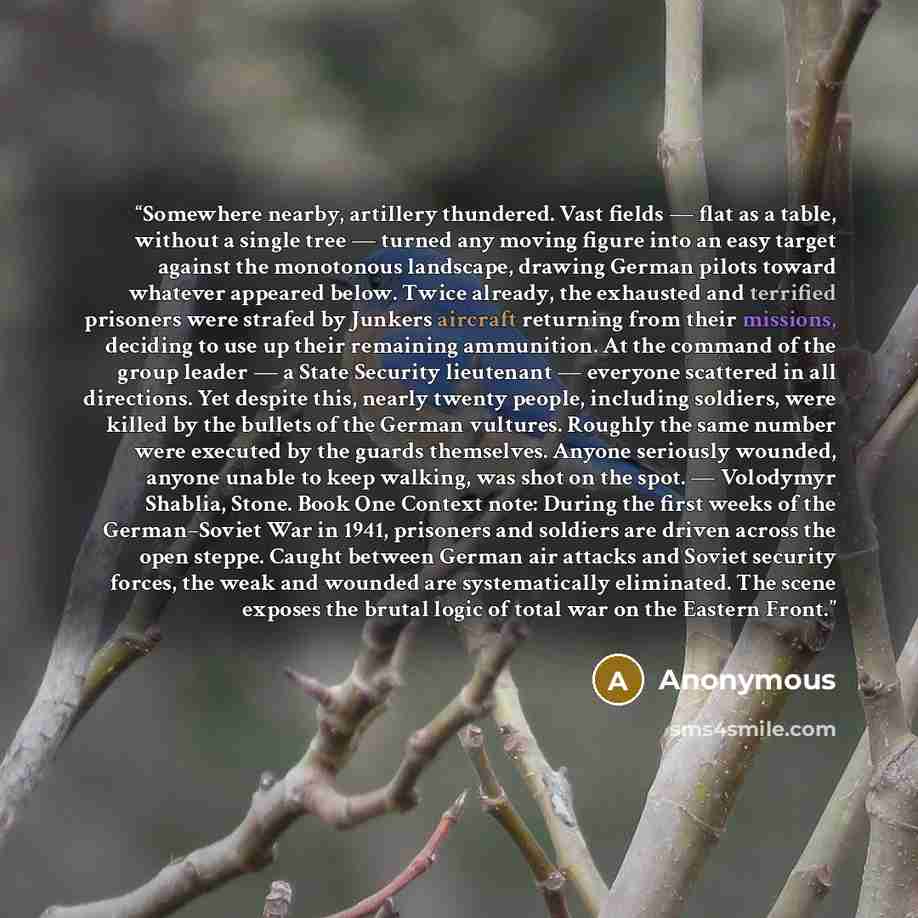 “Somewhere nearby, artillery thundered. Vast fields — flat as a table, without a single tree — turned any moving figure into an easy target against the monotonous landscape, drawing German pilots toward whatever appeared below. Twice already, the exhausted and terrified prisoners were strafed by…” quote by Anonymous
