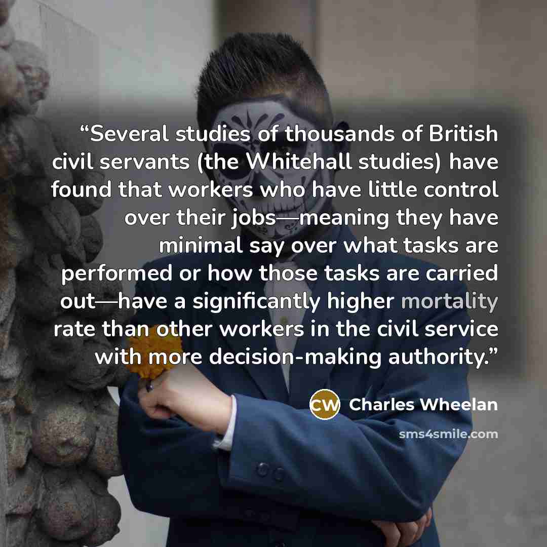 “Several studies of thousands of British civil servants (the Whitehall studies) have found that workers who have little control over their jobs—meaning they have minimal say over what tasks are performed or how those tasks are carried out—have a significantly higher mortality rate than other…” quote by Charles Wheelan