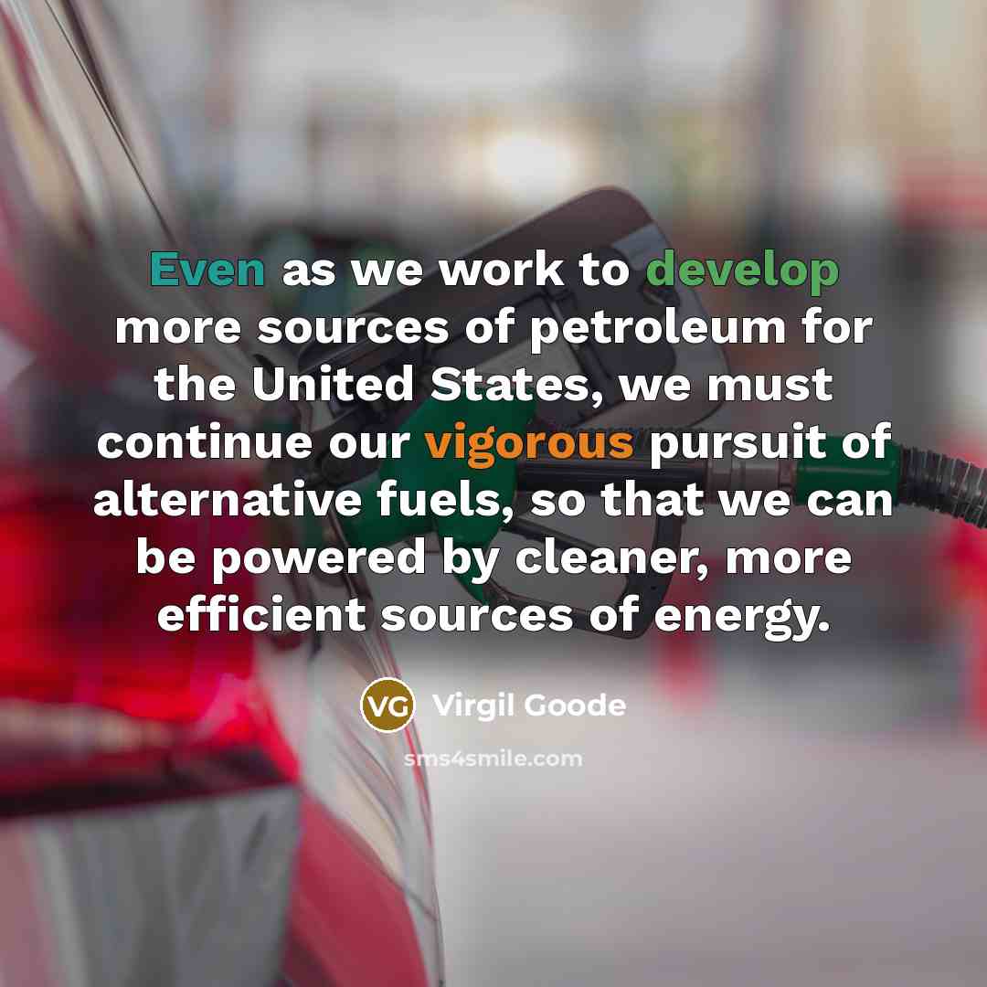 “Even as we work to develop more sources of petroleum for the United States, we must continue our vigorous pursuit of alternative fuels, so that we can be powered by cleaner, more efficient sources of energy.” quote by Virgil Goode
