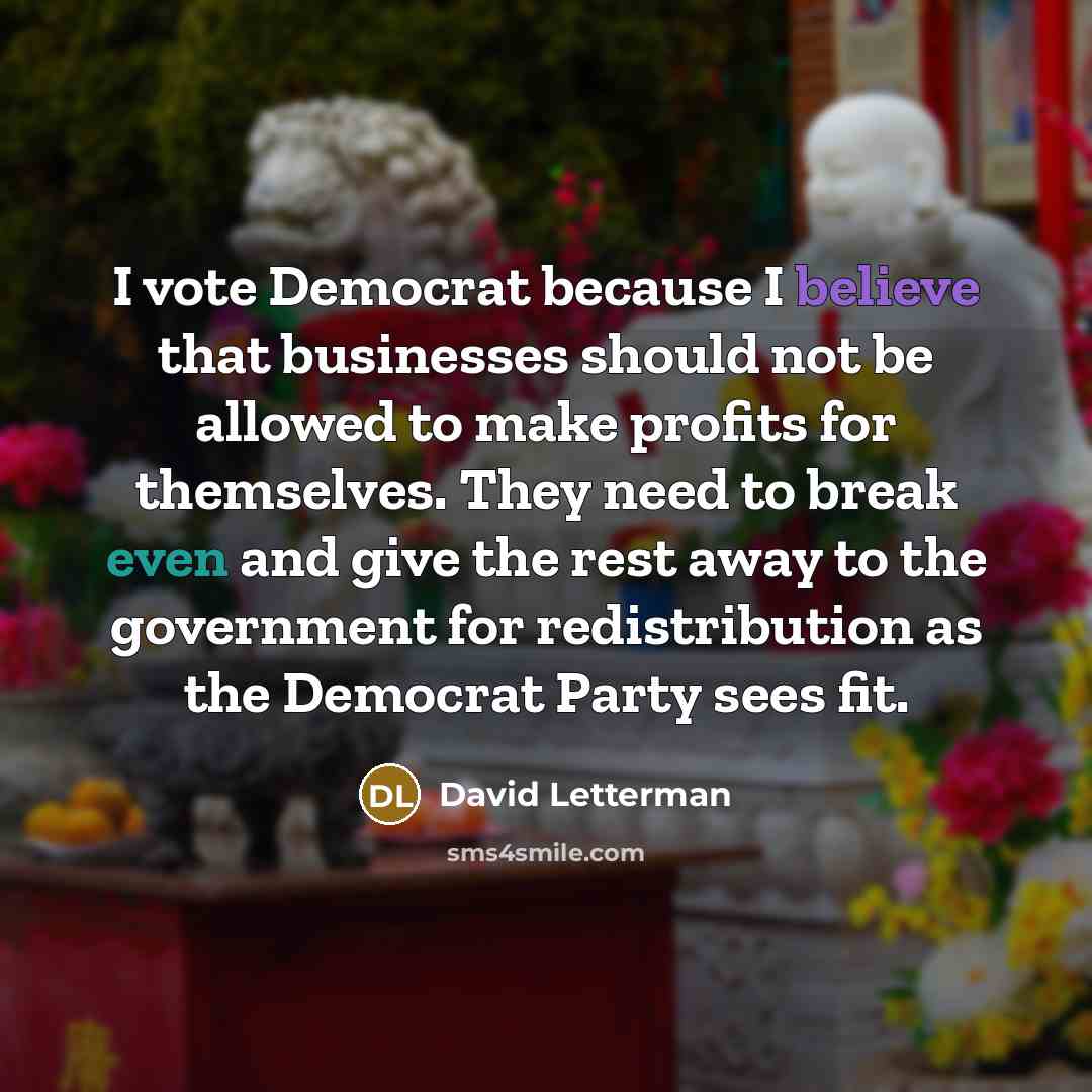 “I vote Democrat because I believe that businesses should not be allowed to make profits for themselves. They need to break even and give the rest away to the government for redistribution as the Democrat Party sees fit.” quote by David Letterman