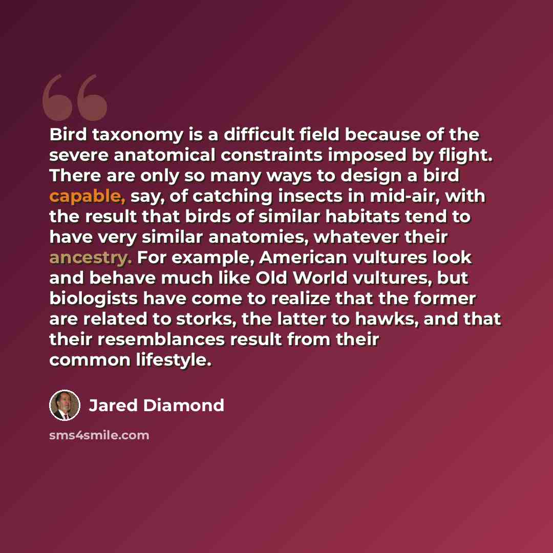 “Bird taxonomy is a difficult field because of the severe anatomical constraints imposed by flight. There are only so many ways to design a bird capable, say, of catching insects in mid-air, with the result that birds of similar habitats tend to have very similar anatomies, whatever their ancestry…” quote by Jared Diamond