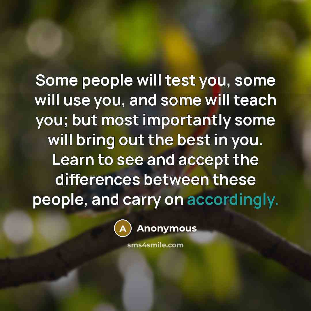 “Some people will test you, some will use you, and some will teach you; but most importantly some will bring out the best in you. Learn to see and accept the differences between these people, and carry on accordingly.” quote by Anonymous