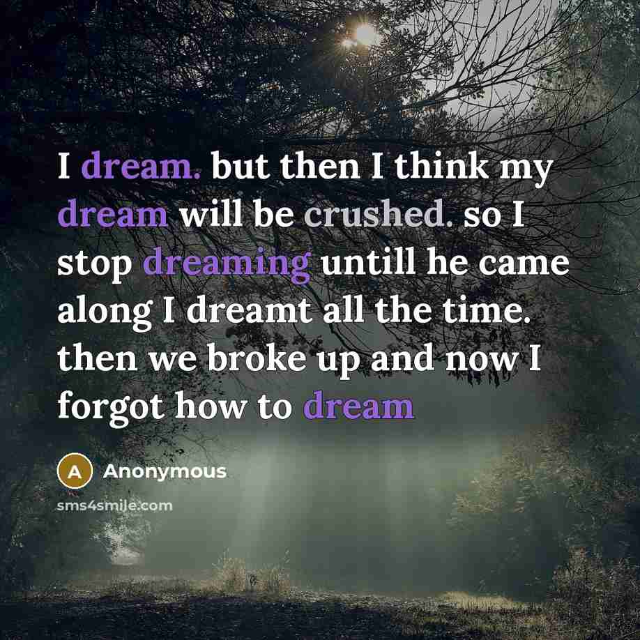 “I dream. but then I think my dream will be crushed. so I stop dreaming untill he came along I dreamt all the time. then we broke up and now I forgot how to dream” quote by Anonymous