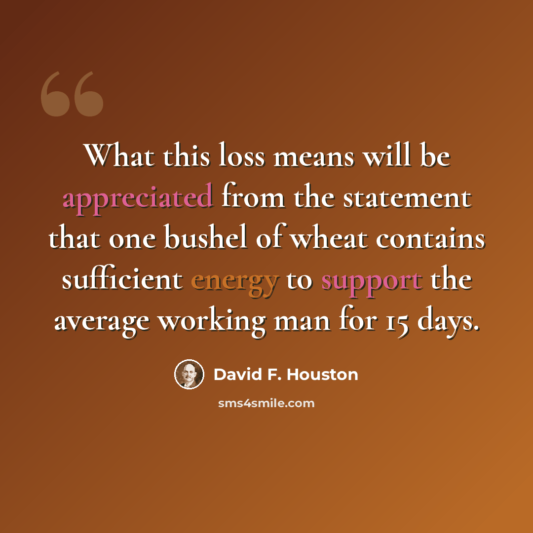 “What this loss means will be appreciated from the statement that one bushel of wheat contains sufficient energy to support the average working man for 15 days.” quote by David F. Houston