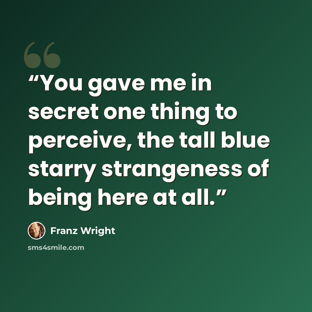 “You gave me in secret one thing to perceive, the tall blue starry strangeness of being here at all.” quote by Franz Wright