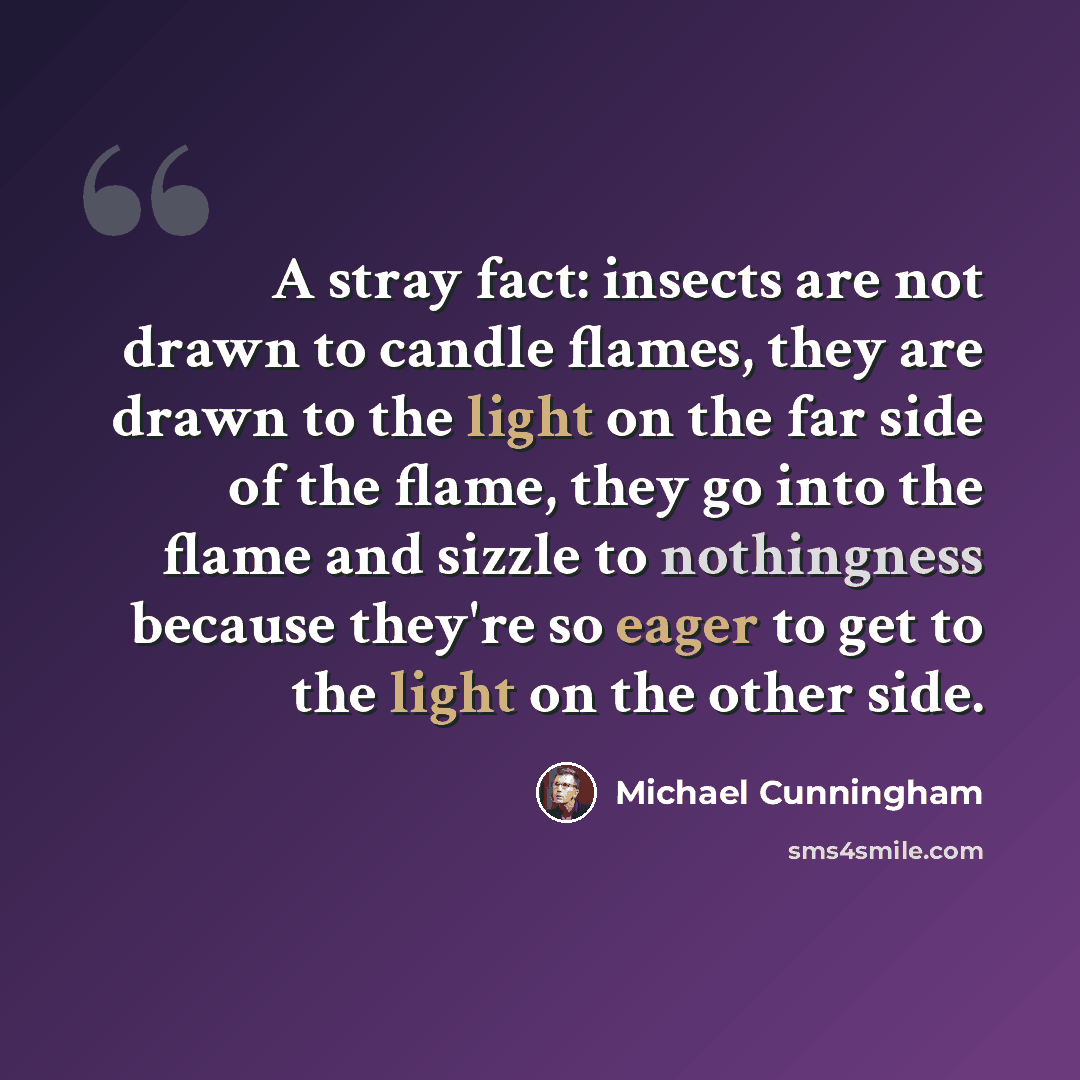 “A stray fact: insects are not drawn to candle flames, they are drawn to the light on the far side of the flame, they go into the flame and sizzle to nothingness because they're so eager to get to the light on the other side.” quote by Michael Cunningham