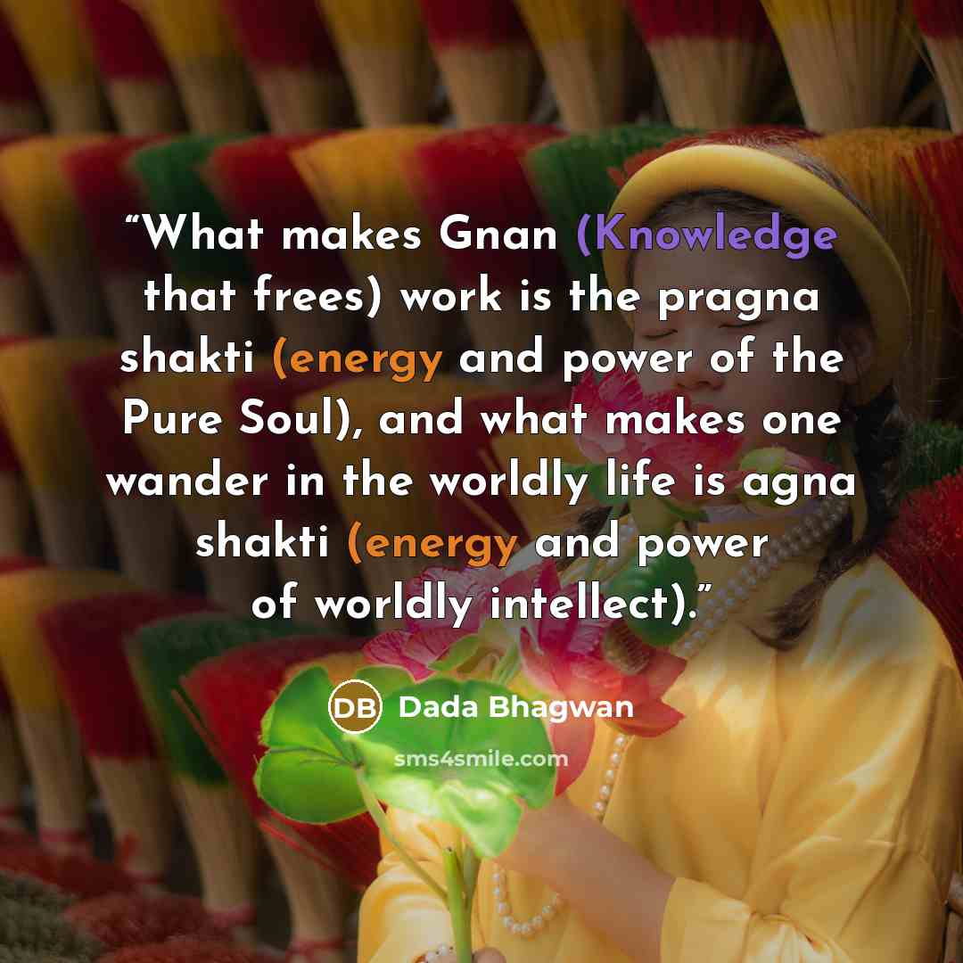 “What makes Gnan (Knowledge that frees) work is the pragna shakti (energy and power of the Pure Soul), and what makes one wander in the worldly life is agna shakti (energy and power of worldly intellect).” quote by Dada Bhagwan