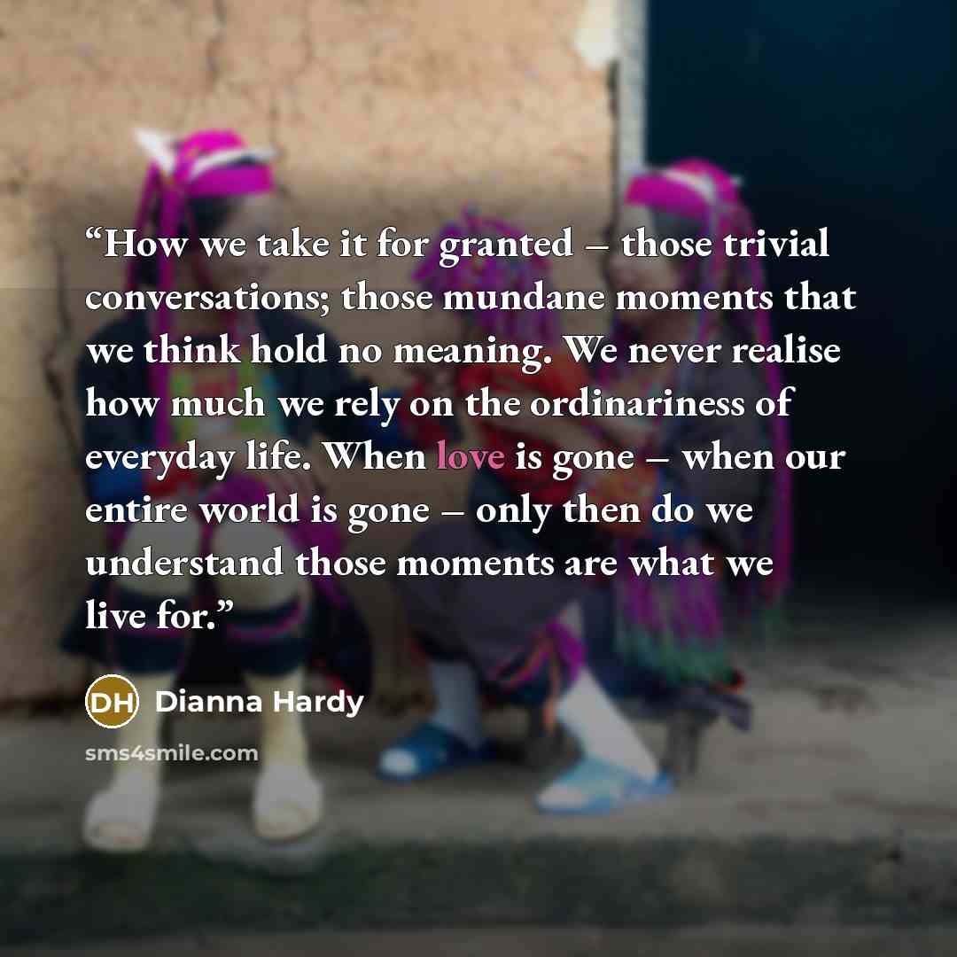 “How we take it for granted – those trivial conversations; those mundane moments that we think hold no meaning. We never realise how much we rely on the ordinariness of everyday life. When love is gone – when our entire world is gone – only then do we understand those moments are what we live for.” quote by Dianna Hardy