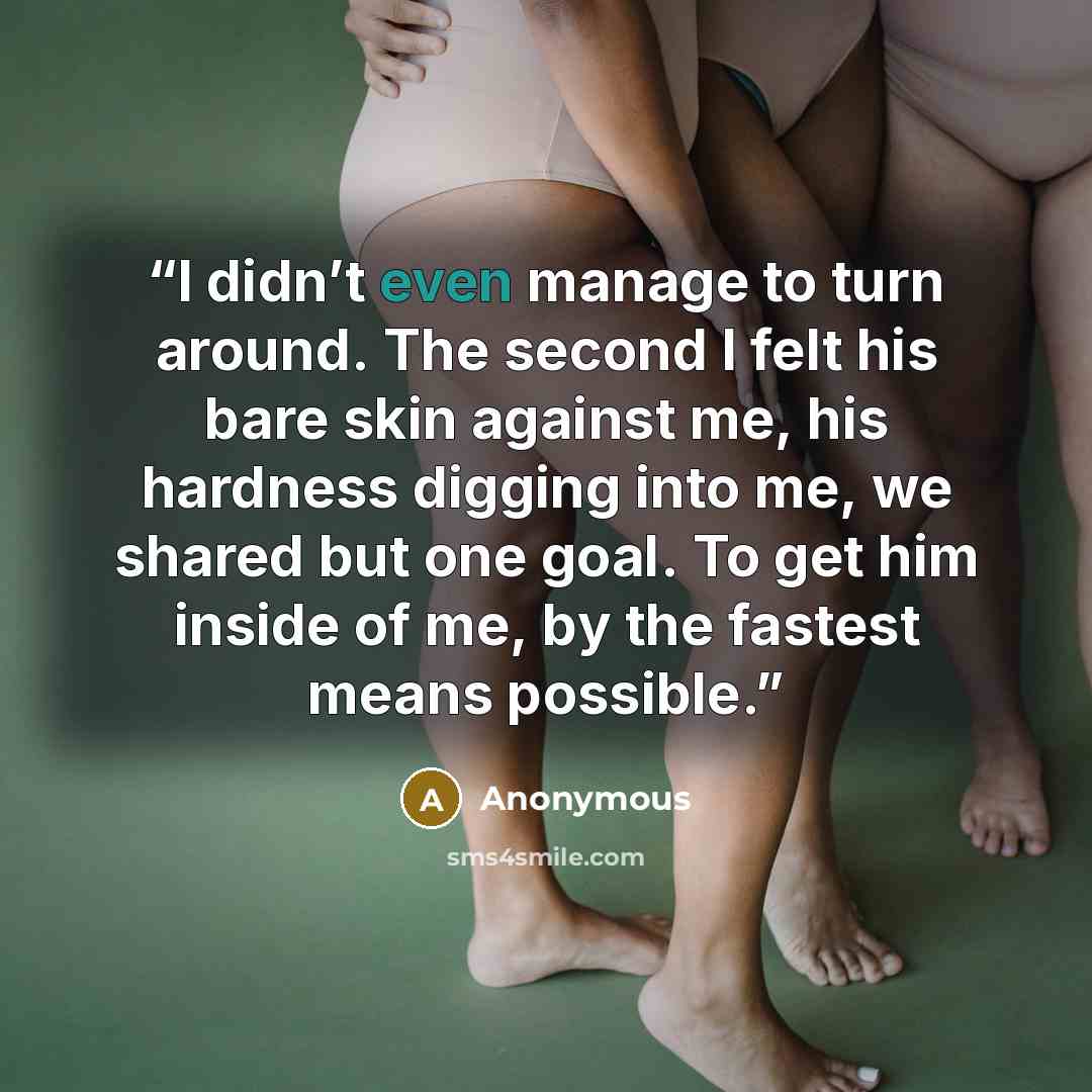 “I didn’t even manage to turn around. The second I felt his bare skin against me, his hardness digging into me, we shared but one goal. To get him inside of me, by the fastest means possible.” quote by Anonymous