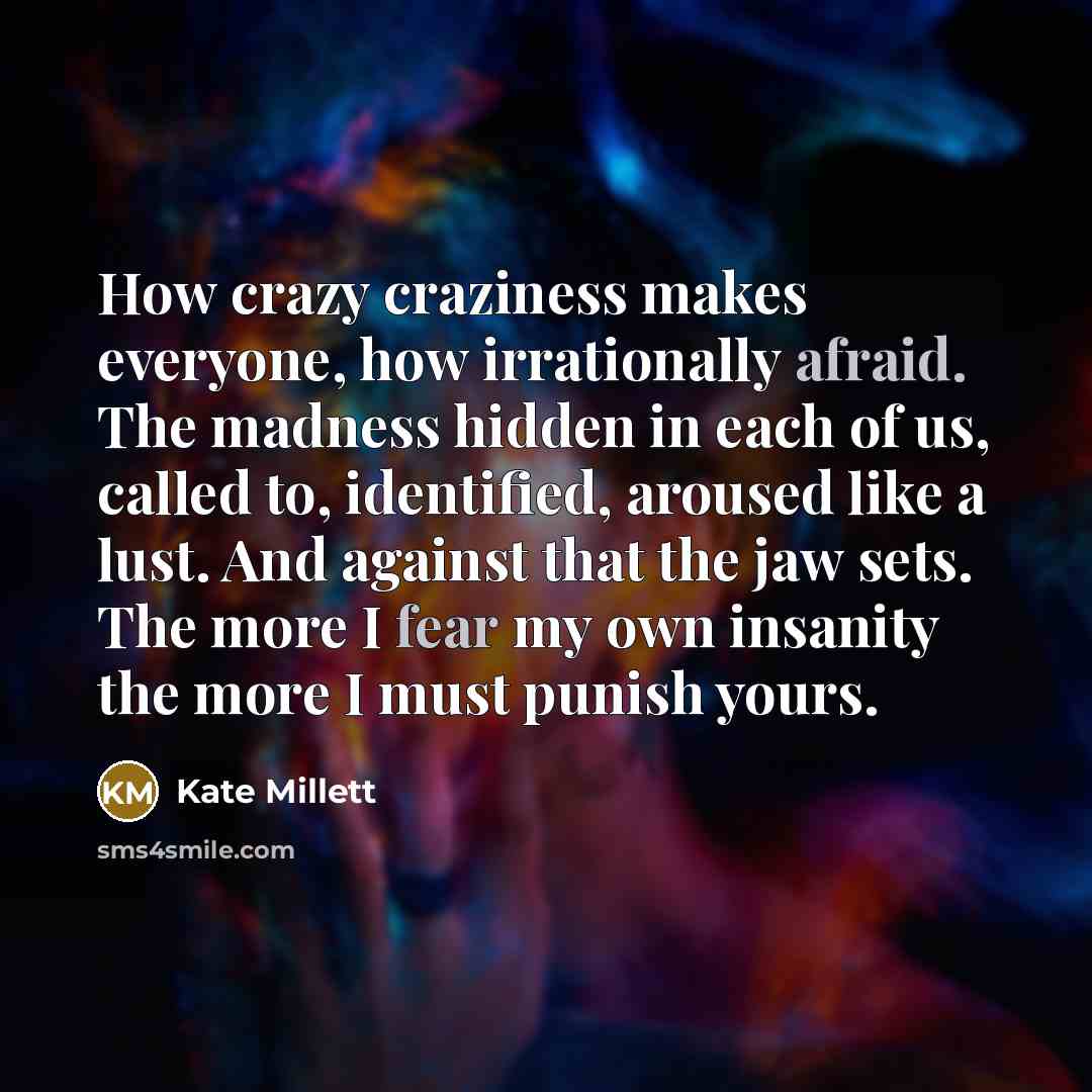 “How crazy craziness makes everyone, how irrationally afraid. The madness hidden in each of us, called to, identified, aroused like a lust. And against that the jaw sets. The more I fear my own insanity the more I must punish yours.” quote by Kate Millett