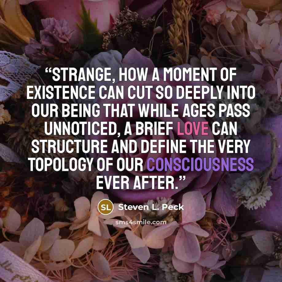 “Strange, how a moment of existence can cut so deeply into our being that while ages pass unnoticed, a brief love can structure and define the very topology of our consciousness ever after.” quote by Steven L. Peck