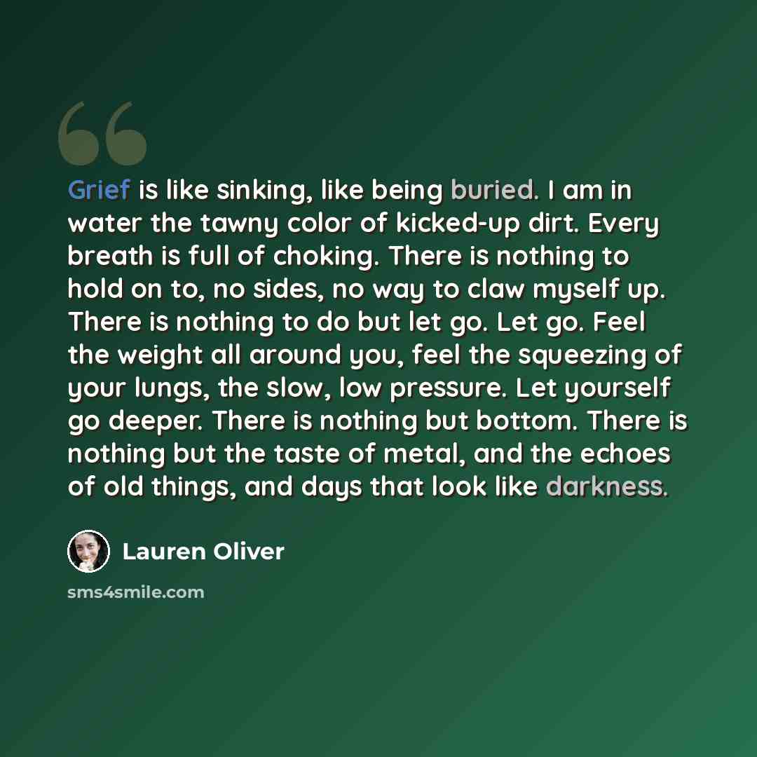 “Grief is like sinking, like being buried. I am in water the tawny color of kicked-up dirt. Every breath is full of choking. There is nothing to hold on to, no sides, no way to claw myself up. There is nothing to do but let go. Let go. Feel the weight all around you, feel the squeezing of your…” quote by Lauren Oliver