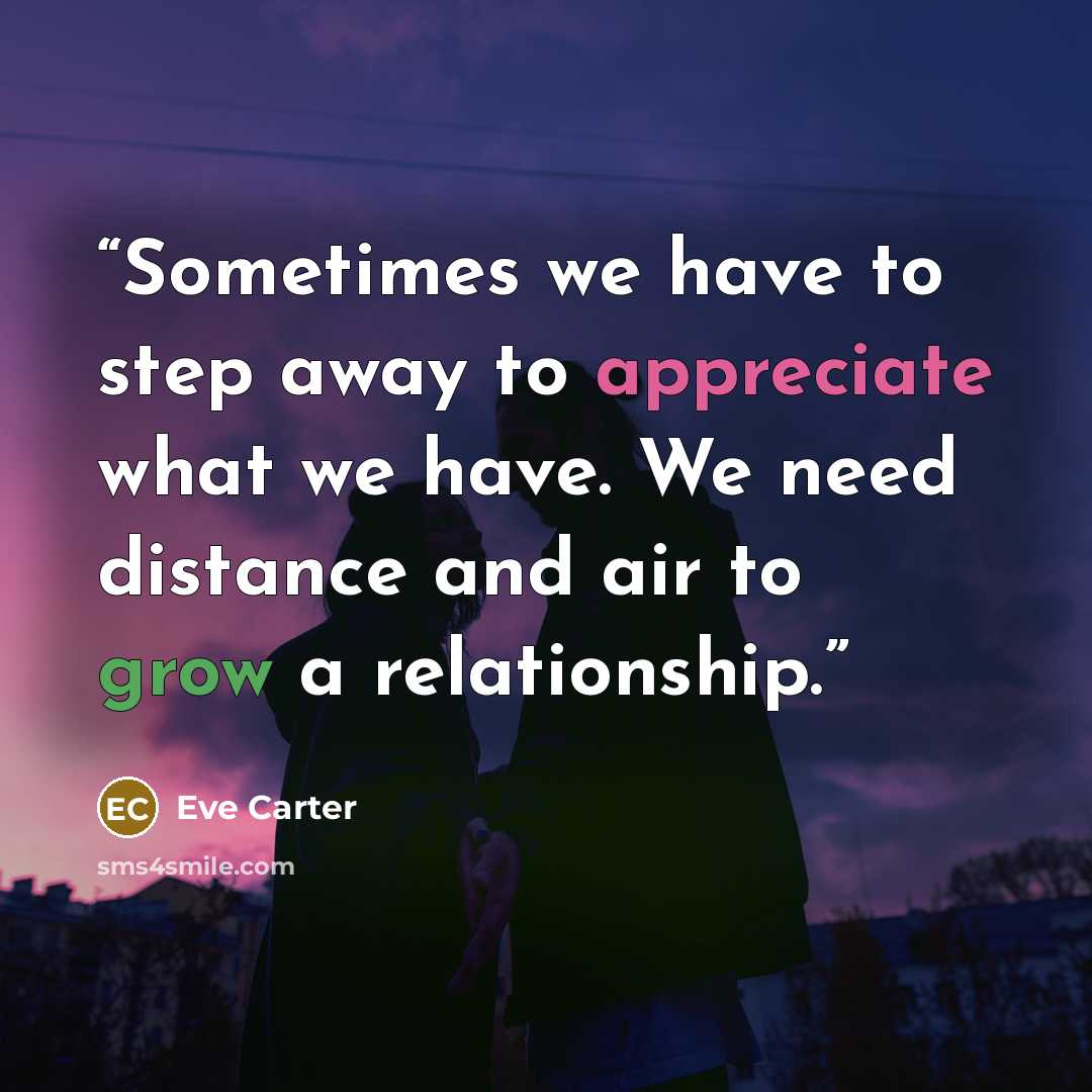 “Sometimes we have to step away to appreciate what we have. We need distance and air to grow a relationship.” quote by Eve Carter