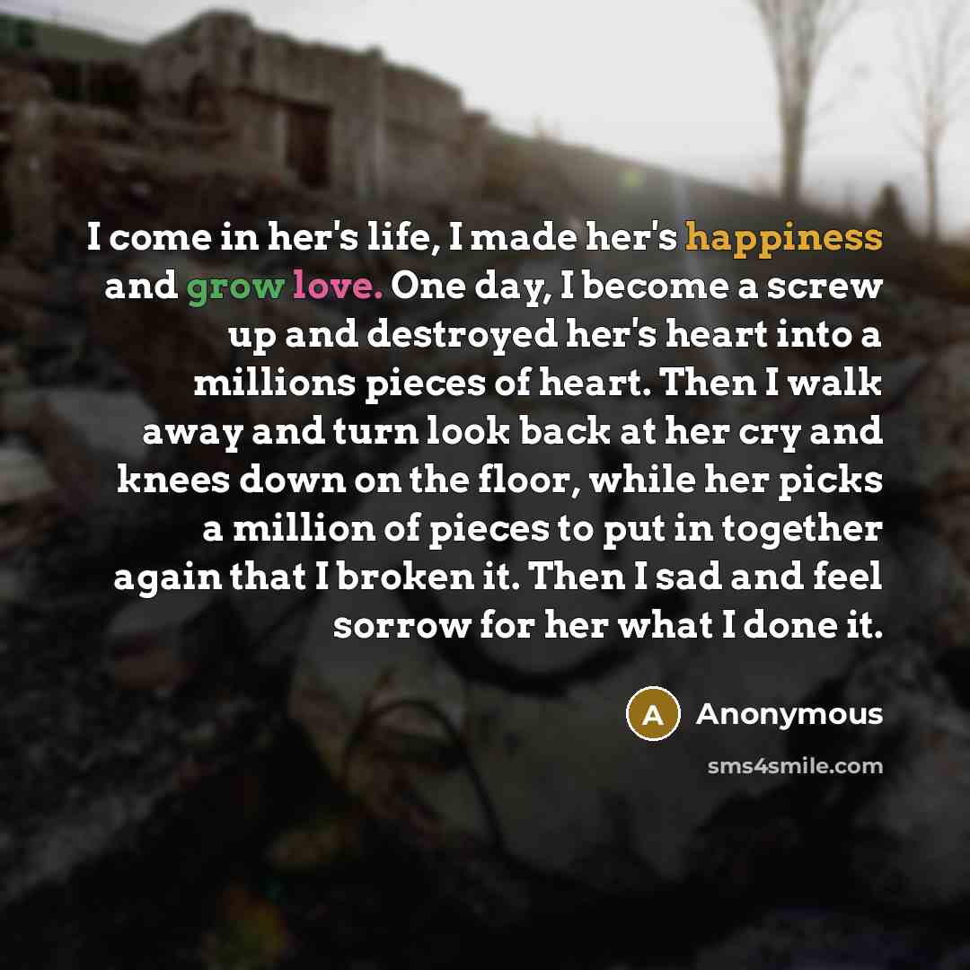 “I come in her's life, I made her's happiness and grow love. One day, I become a screw up and destroyed her's heart into a millions pieces of heart. Then I walk away and turn look back at her cry and knees down on the floor, while her picks a million of pieces to put in together again that I broken…” quote by Anonymous