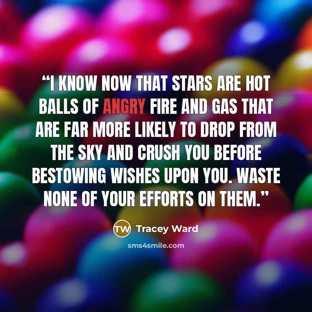 “I know now that stars are hot balls of angry fire and gas that are far more likely to drop from the sky and crush you before bestowing wishes upon you. Waste none of your efforts on them.” quote by Tracey Ward