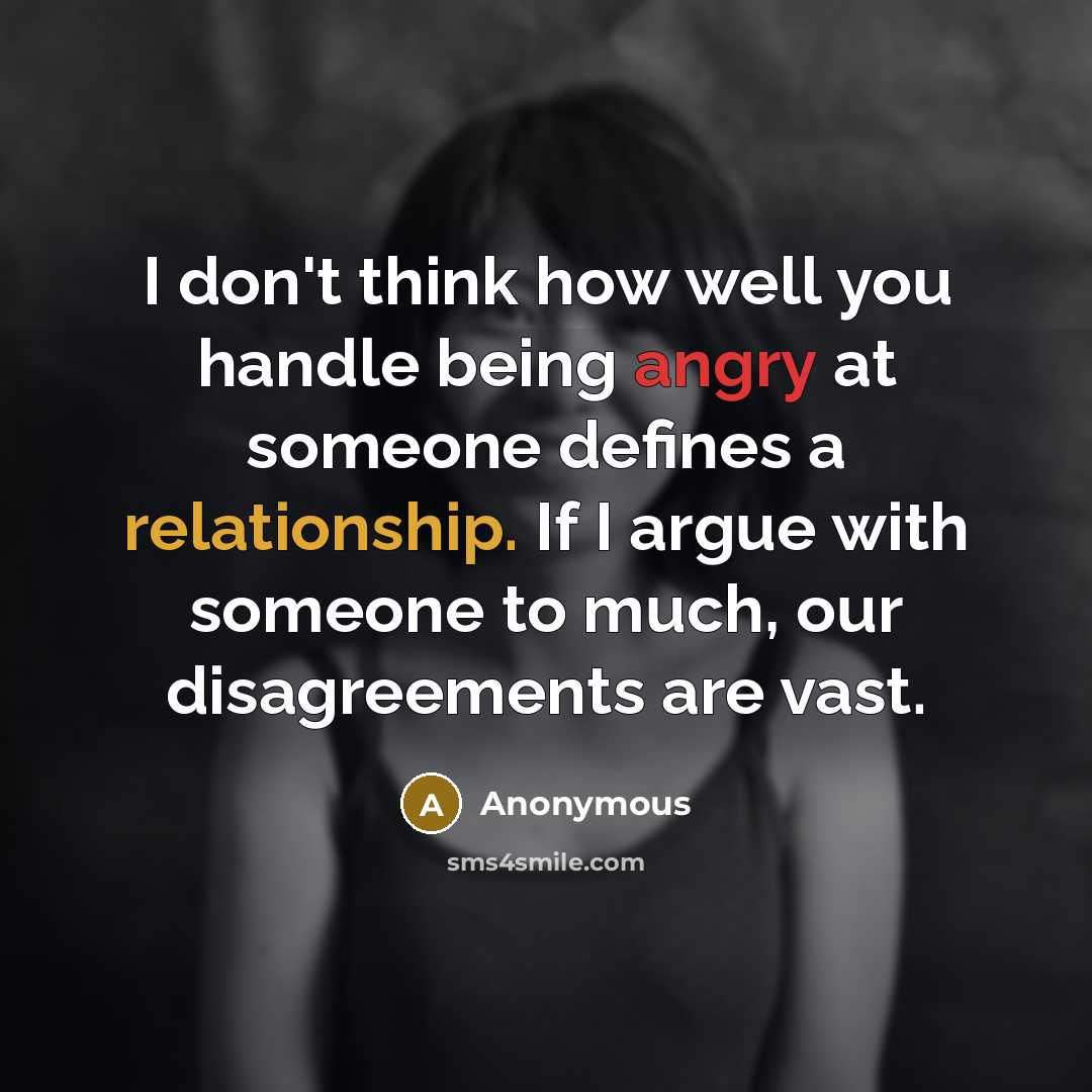 “I don't think how well you handle being angry at someone defines a relationship. If I argue with someone to much, our disagreements are vast.” quote by Anonymous