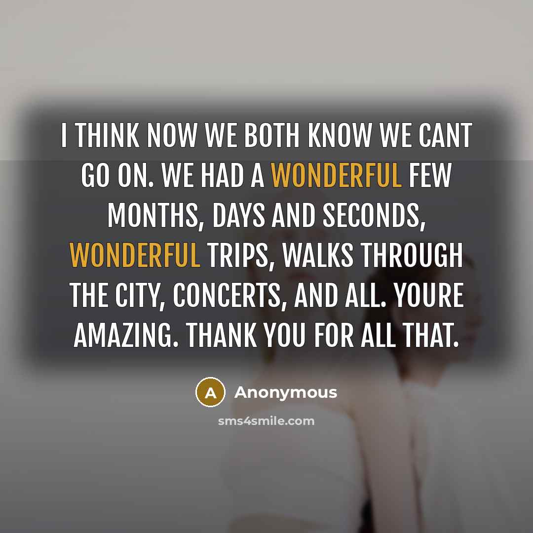 “I think now we both know we cant go on. We had a wonderful few months, days and seconds, wonderful trips, walks through the city, concerts, and all. Youre amazing. Thank you for all that.” quote by Anonymous