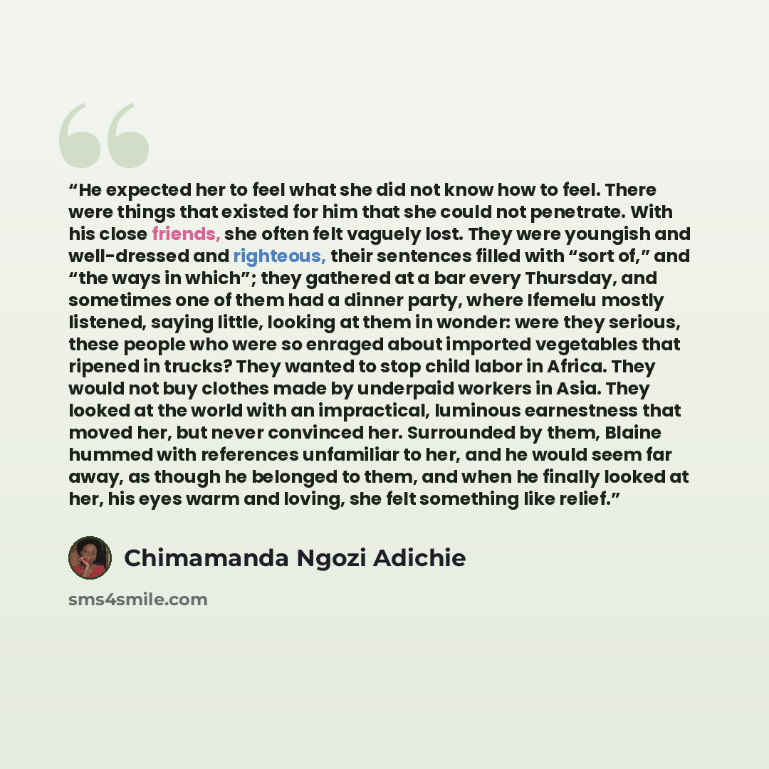 “He expected her to feel what she did not know how to feel. There were things that existed for him that she could not penetrate. With his close friends, she often felt vaguely lost. They were youngish and well-dressed and righteous, their sentences filled with “sort of,” and “the ways in which”…” quote by Chimamanda Ngozi Adichie