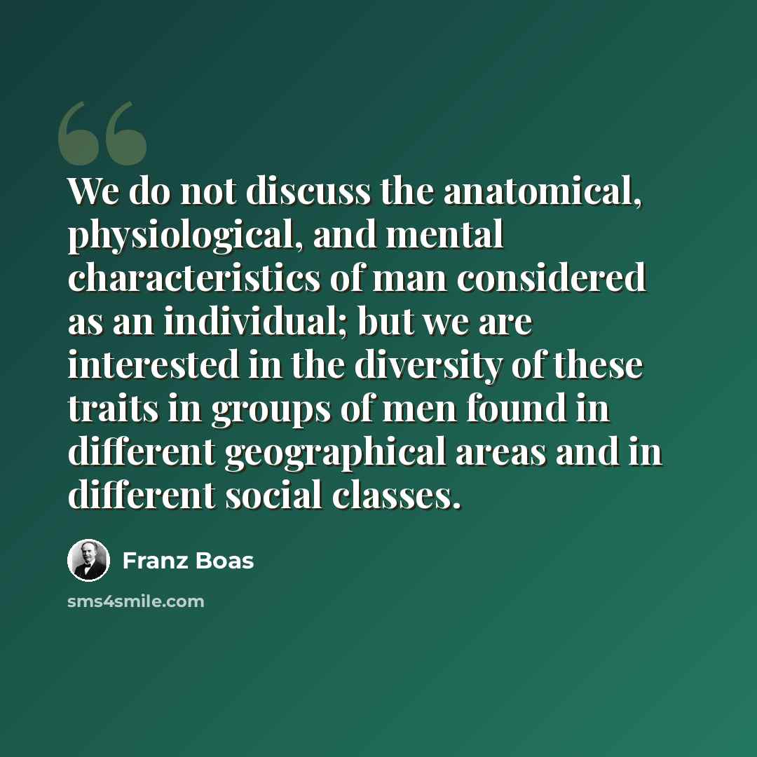“We do not discuss the anatomical, physiological, and mental characteristics of man considered as an individual; but we are interested in the diversity of these traits in groups of men found in different geographical areas and in different social classes.” quote by Franz Boas