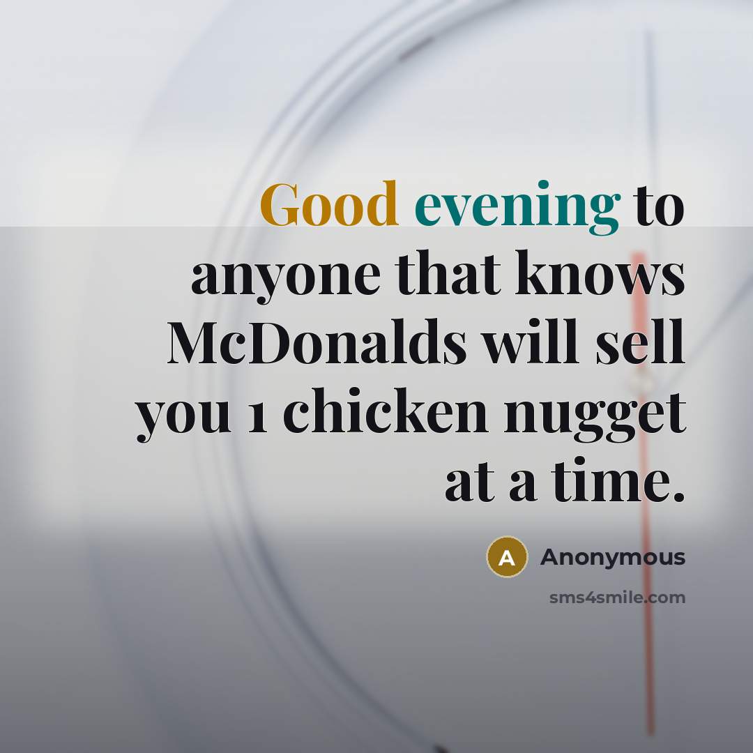 “Good evening to anyone that knows McDonalds will sell you 1 chicken nugget at a time.” quote by Anonymous